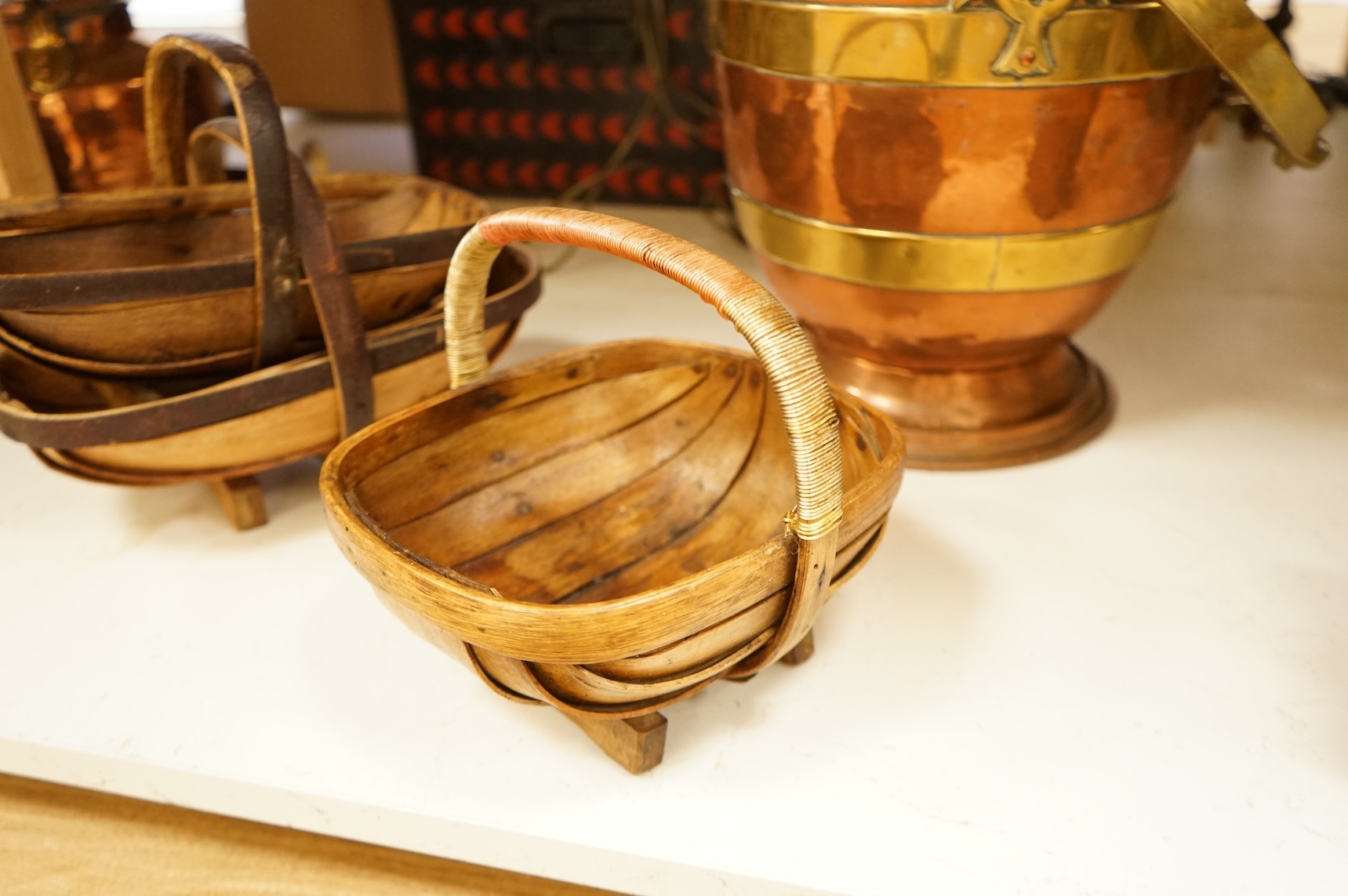 Assorted Victorian and later copper and brassware including two ships portholes, copper kettle pots, etc (16). Large porthole 36cm diameter